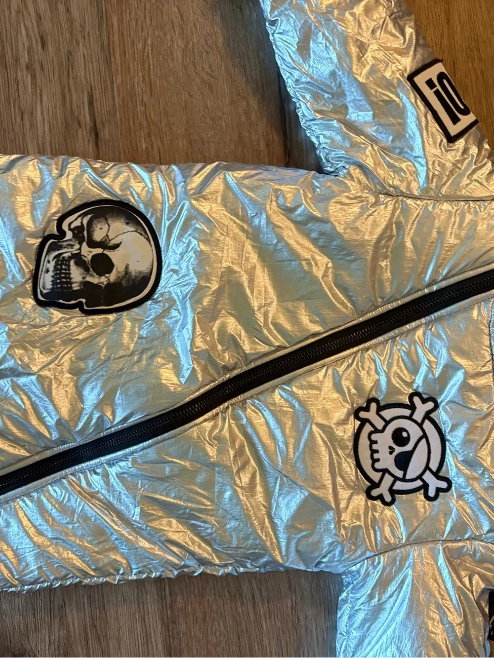 nununu Metallic Silver Puffer Jacket with Neon Accent